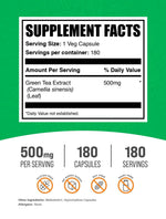 BulkSupplements Green Tea Extract 180 vegetarian capsules label details