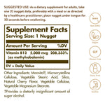 Solgar Vitamin B12 sublingual cherry nuggets packaging label showing vegan and gluten-free certifications
