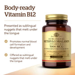 Back supplement facts panel of Solgar active coenzyme B12 5000 mcg detailing ingredients