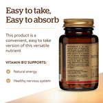 Solgar Vitamin B12 dietary supplement bottle standing upright showing non-GMO verified seals