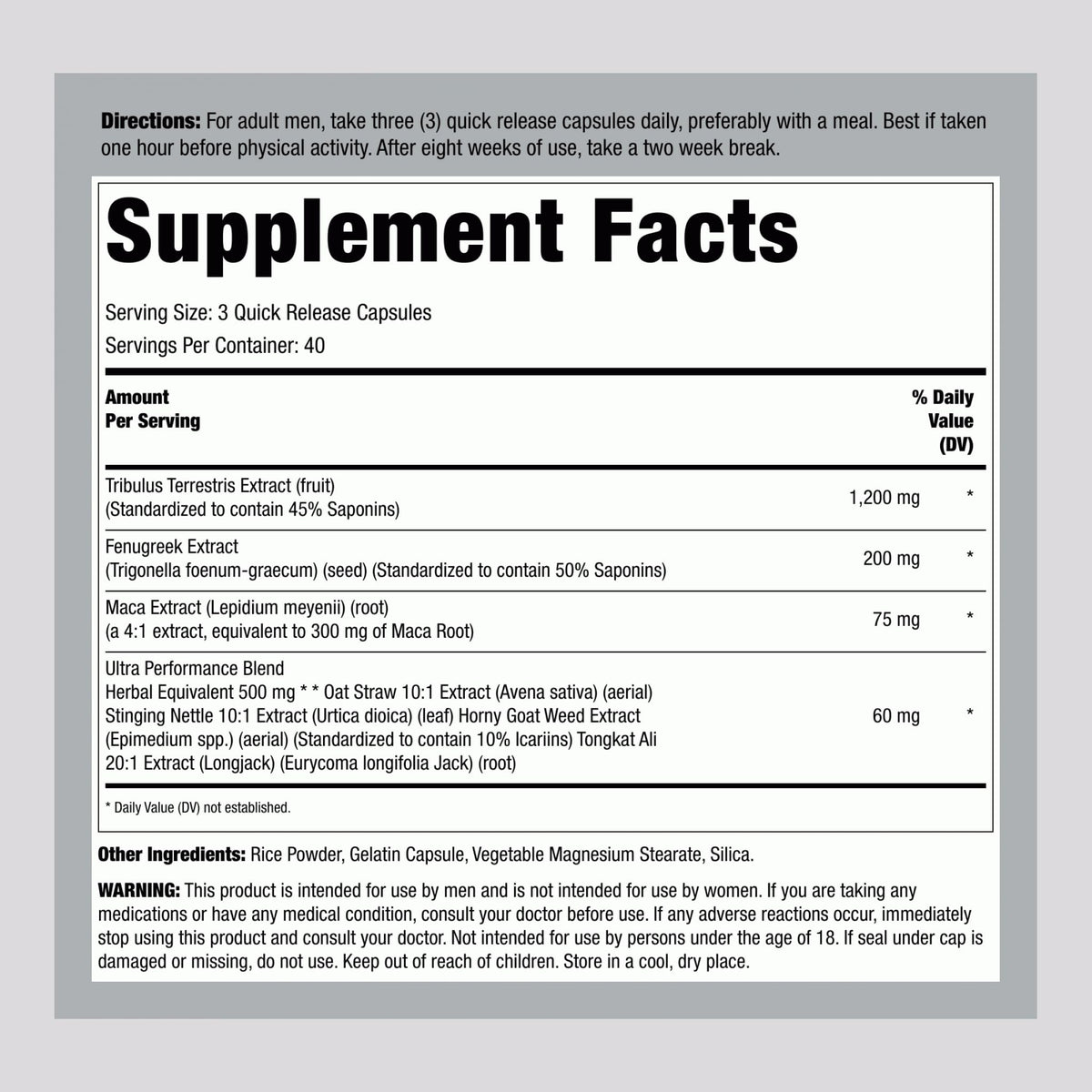 Fitness Labs Tribulus Terrestris supplement facts label