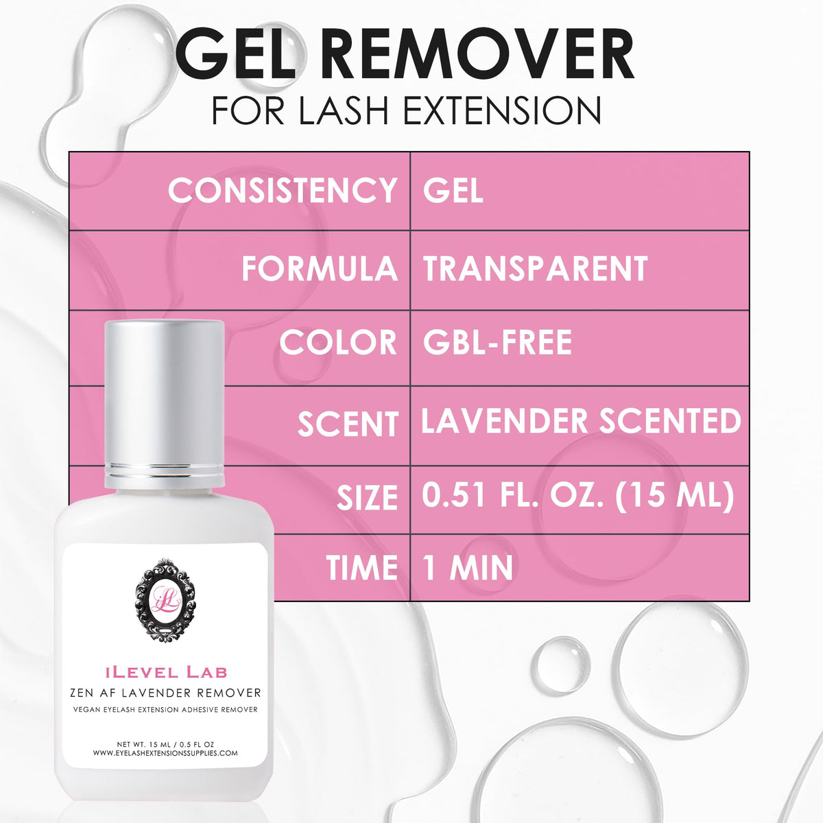 Professional lash extension remover gel by Ilevel Lab 15ml bottle