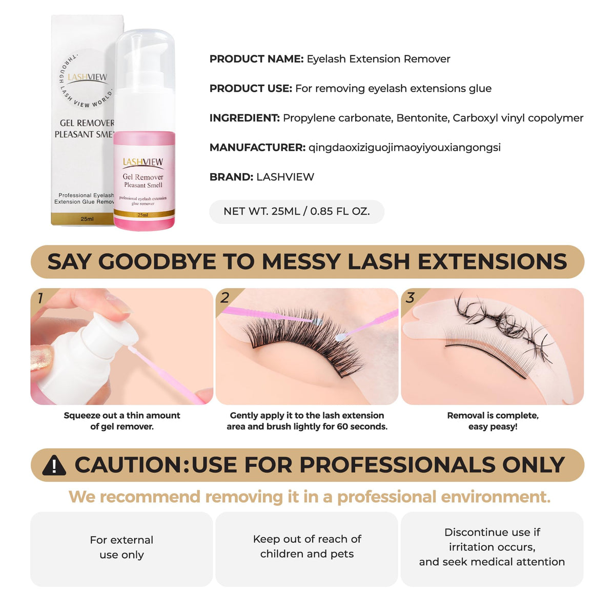 LASHVIEW pink gel eyelash extension glue remover twenty five milliliter professional packaging