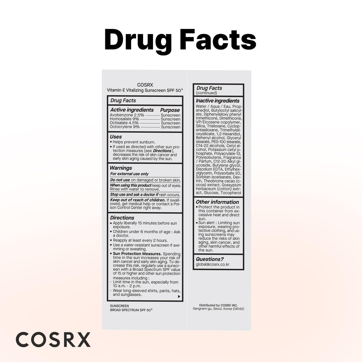 COSRX Vitamin E Vitalizing Face Sunscreen SPF 50 tube shown from the front angle on a white background