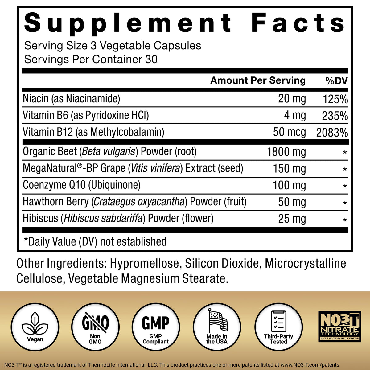 Back label view of Force Factor heart health supplement listing vitamins and herbal blends