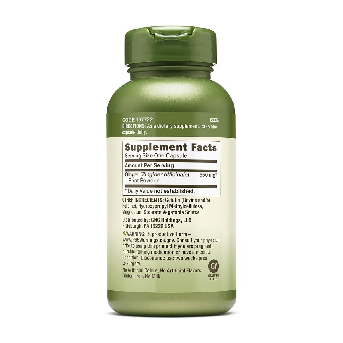 GNC ginger root supplement bottle showing active ingredients and daily dietary instructions panel.