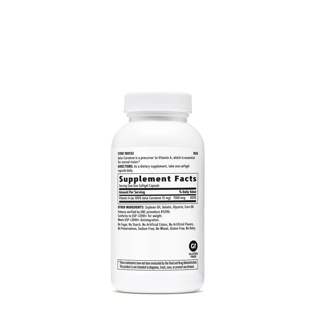 Side angle of GNC beta carotene supplement showing ingredient panel details and serving facts
