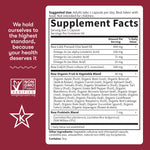 Garden of Life organic fruit and vegetable blend dietary supplement ingredients list on white background