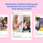 Dropper dispensing JoySpring Genius Drops liquid into a glass of fruit juice for easy pediatric consumption