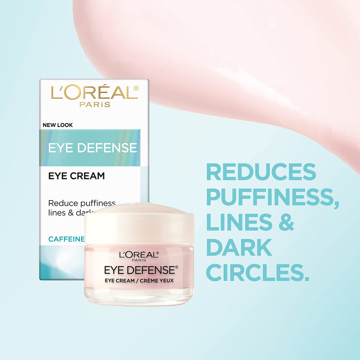 L'Oreal Paris anti-aging eye cream packaging showing caffeine and hyaluronic acid ingredients