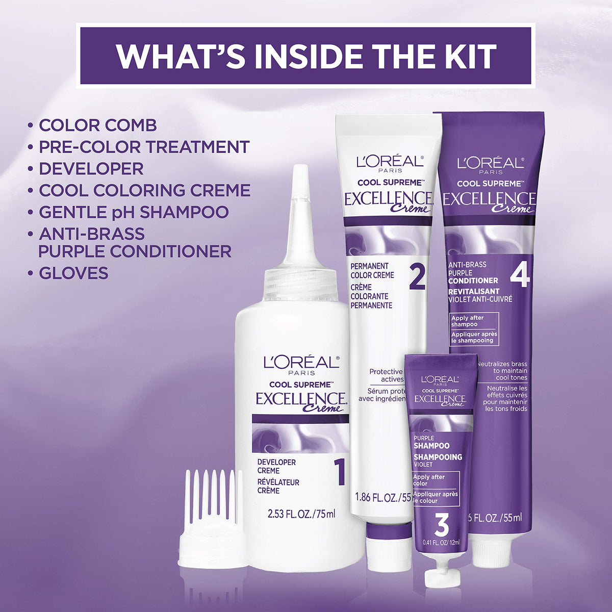 Anti-brass purple shampoo and conditioner tubes included in the box