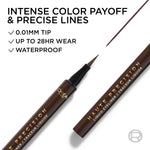 Close up view of the smudge proof brown eyeliner swatch on skin highlighting the intense pigment.