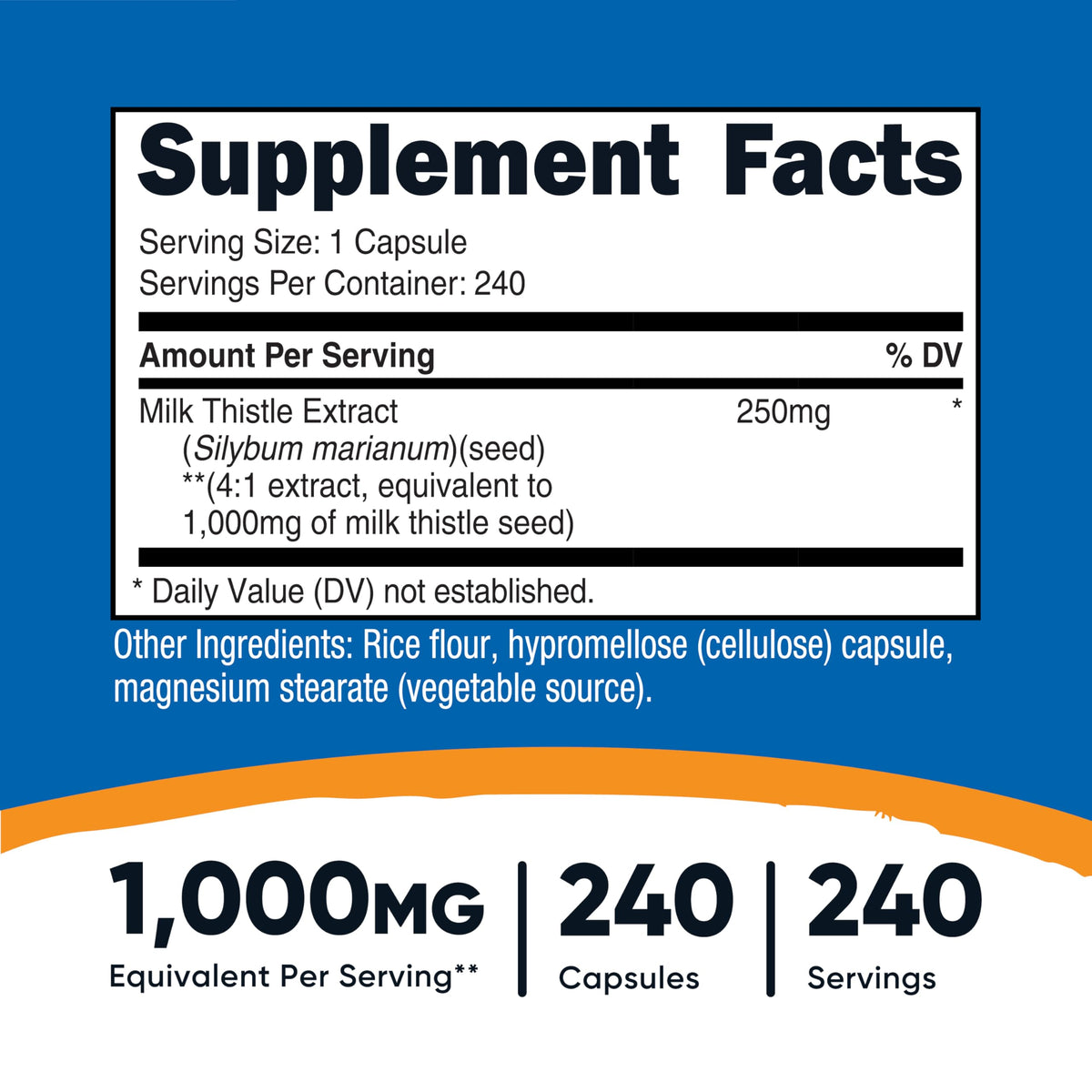 Nutricost Milk Thistle supplement facts label showing 1000 milligrams equivalent dosage details