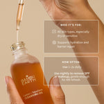 Woman using Bambu Earth oil cleanser for gentle makeup removal