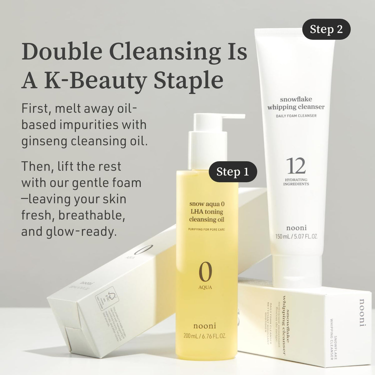 Lifestyle shot of Nooni Snow Aqua Ginseng Deep Cleansing Oil on a bathroom counter