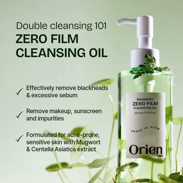 Orien Mugwort Zero Film Cleansing Oil bottle cap and pump
