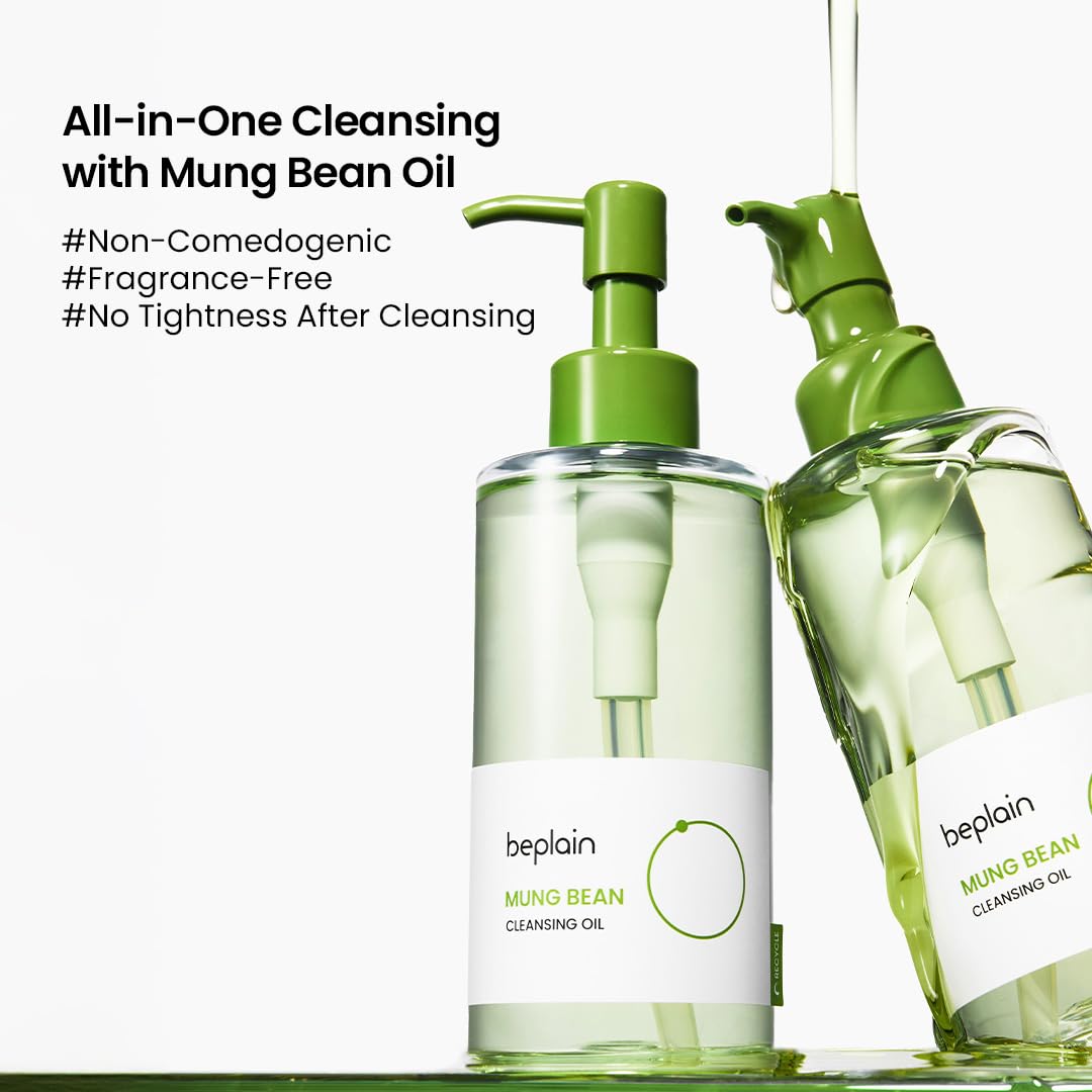 Texture shot of Beplain Mung Bean Cleansing Oil on skin.