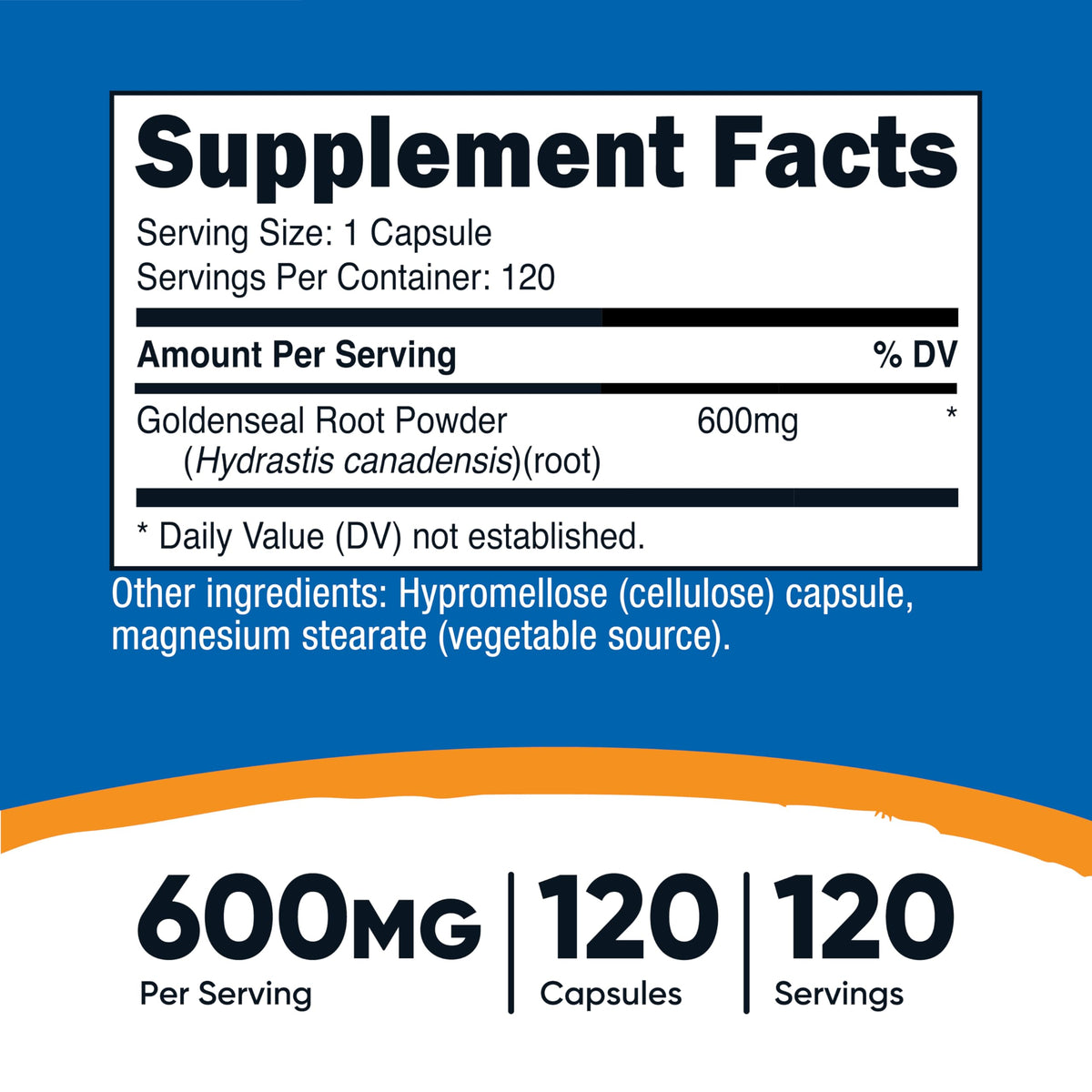 Nutricost Goldenseal Root dietary supplement label instructions and nutrition facts panel