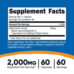 Nutricost Aged Black Garlic 25:1 extract supplement bottle displaying serving size and dietary facts.