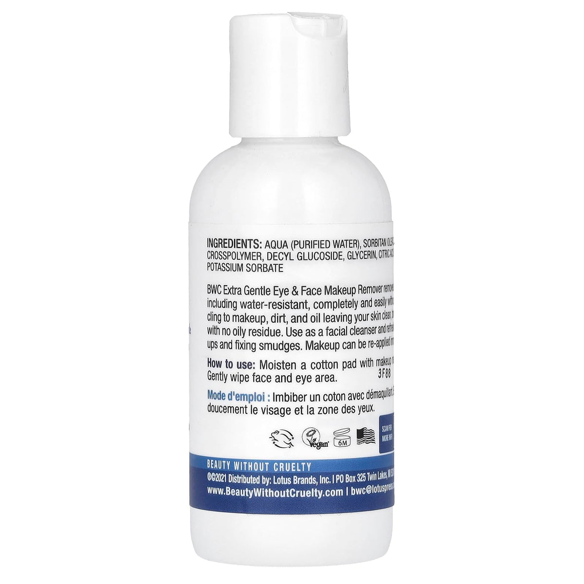Beauty Without Cruelty fragrance free face and eye makeup remover bottle showcasing certified vegan details