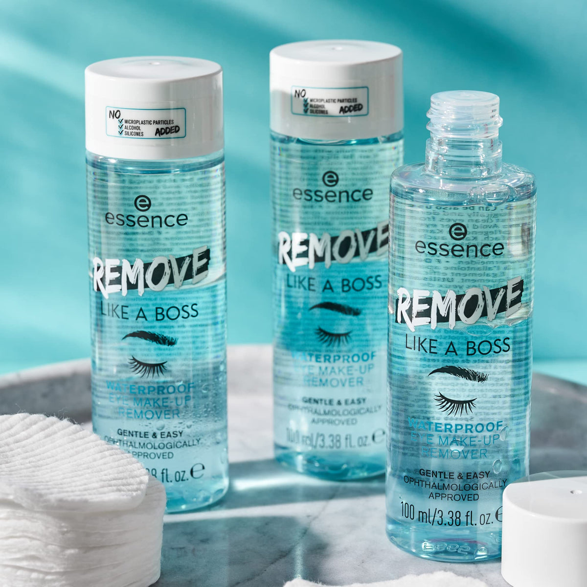 Essence bi-phase waterproof makeup remover bottle displayed on a clean white background highlighting vegan and cruelty-free certification labels.