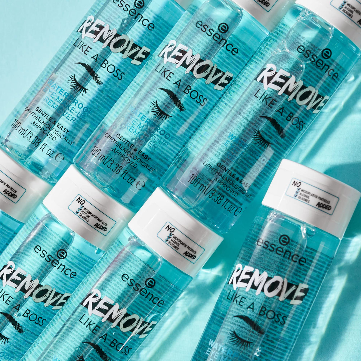 Essence international packaging eye and face makeup remover bottle showing the 100 milliliter size indicator for travel friendly skincare.