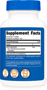 Nutricost Astaxanthin 4mg supplement facts panel detailing pure ingredients and standard dosage
