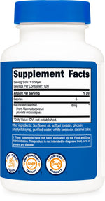 Side profile of Nutricost Astaxanthin 6 Milligrams premium packaging highlights for skin and eye health protection.