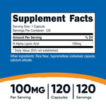 Nutricost R-ALA 100mg supplement label detailing the clean non-GMO and gluten-free formulation facts.