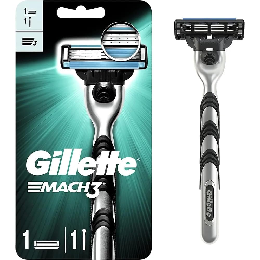 Authentic imported Gillette three blade shaving razor for men displaying ergonomic handle design