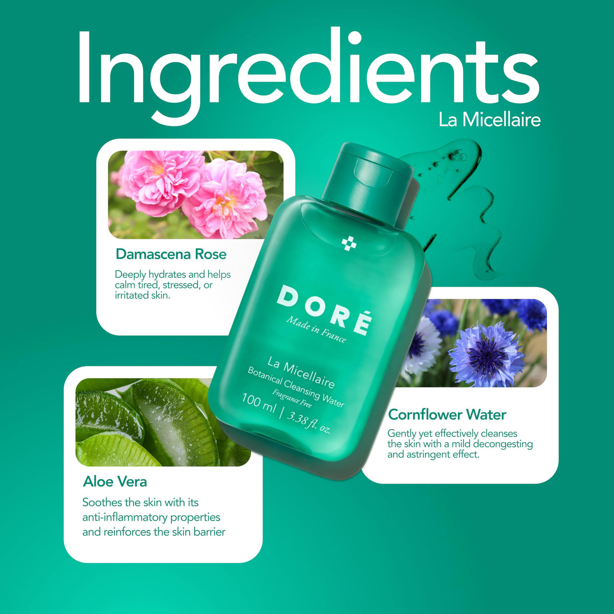 Fragrance free Doré facial cleanser liquid showing travel friendly flip cap packaging