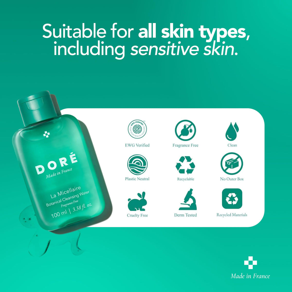 Doré botanical cleansing water bottle on clean background highlighting ingredients