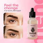 Menela professional eyebrow corrector packaging displaying the soothing aloe vera formulation benefits.