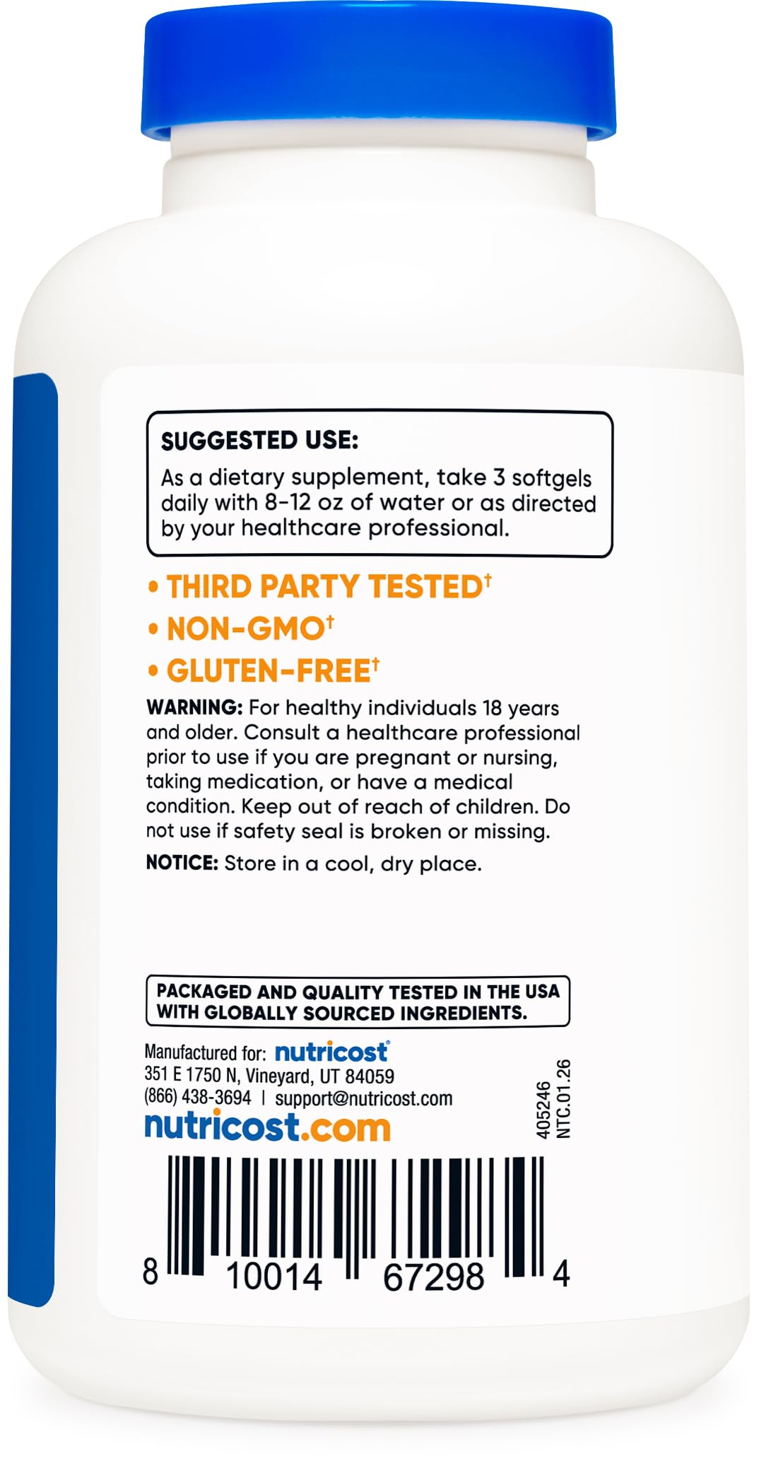 Nutricost triple strength omega 3 fatty acids packaging highlighting twelve hundred milligrams EPA content
