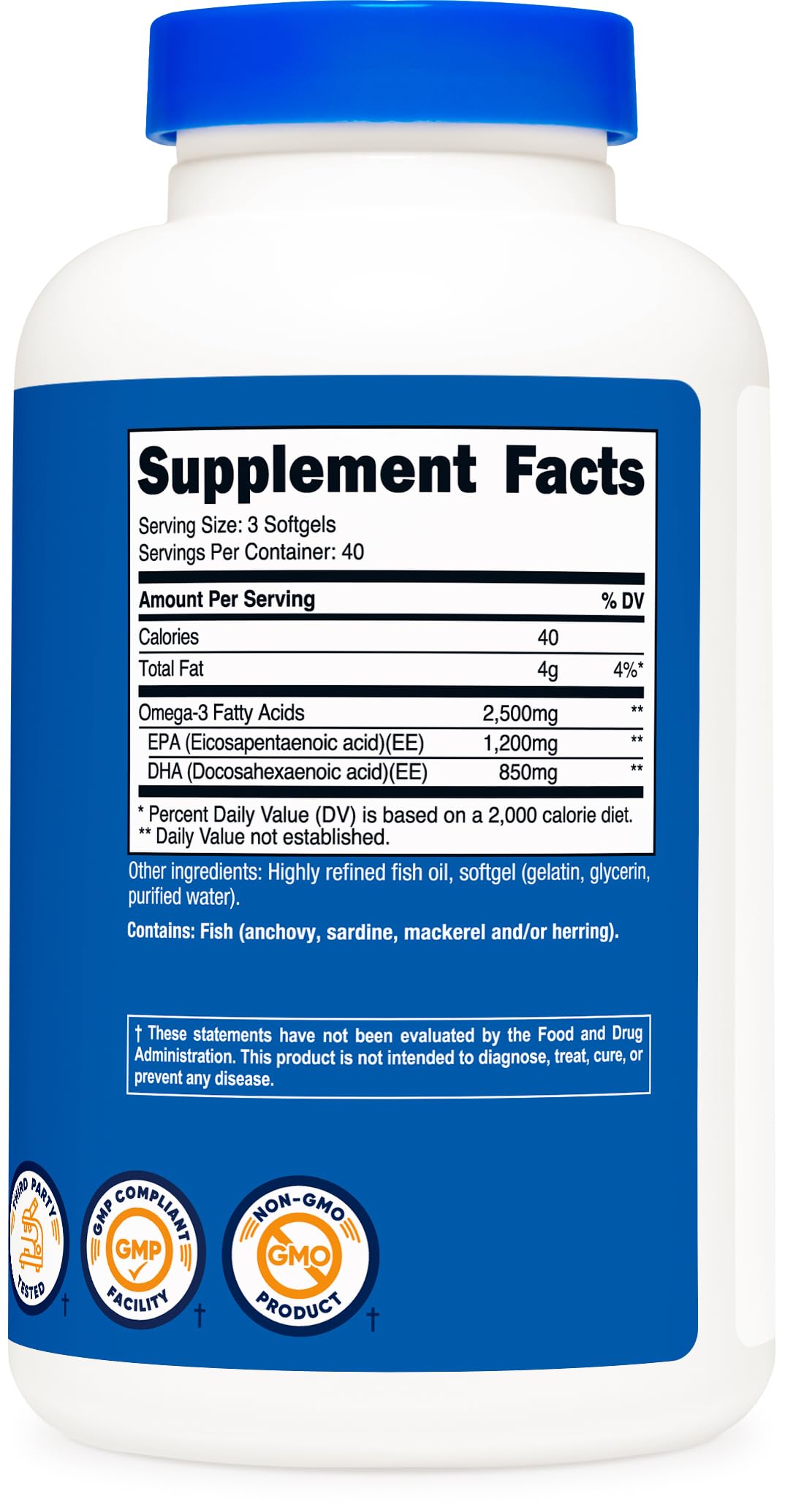 Nutricost marine lipid softgels product presentation outlining suggested usage directions and allergen warnings