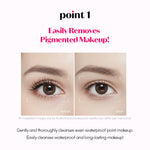 Pouring the bi-phase ETUDE eye makeup cleanser onto a cotton pad for waterproof mascara removal