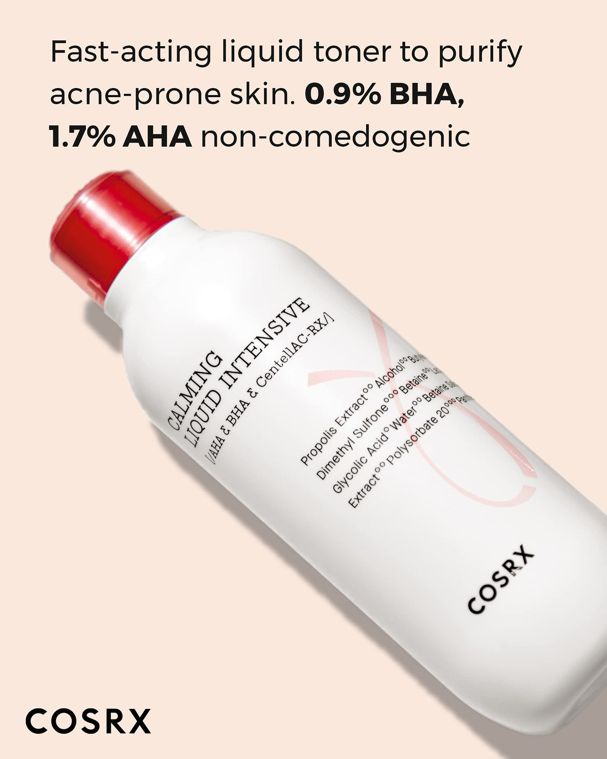 COSRX AHA BHA calming toner bottle displaying product volume and ingredients