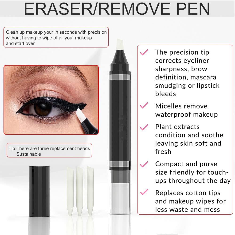 Close up of the precision tip eraser stick correcting a smudged eyeliner wing.