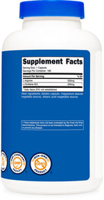 Nutricost L Arginine and L Ornithine capsules container showing serving size suggestions and manufacturing details.