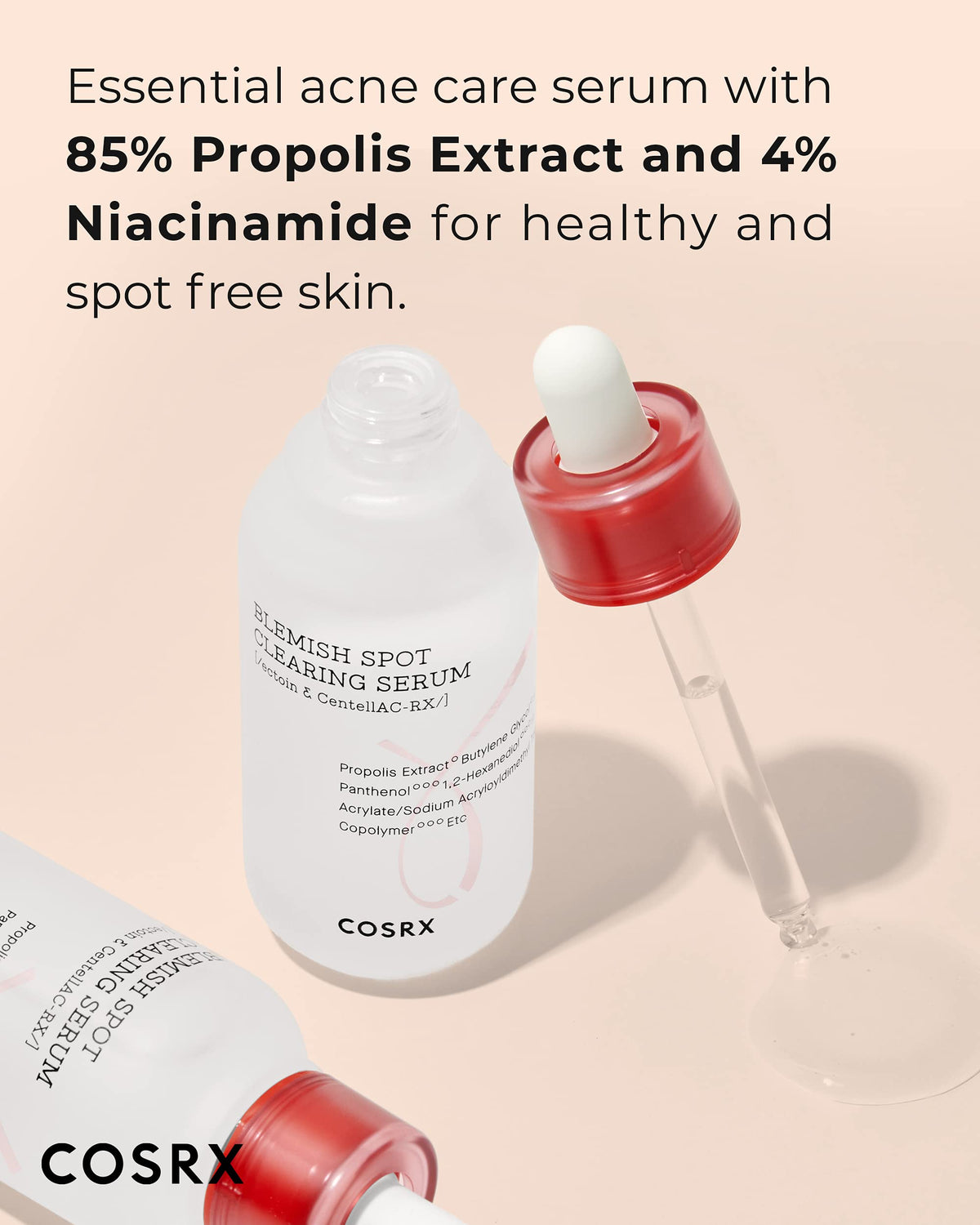 COSRX niacinamide and propolis serum for fading hyperpigmentation and dark spots.
