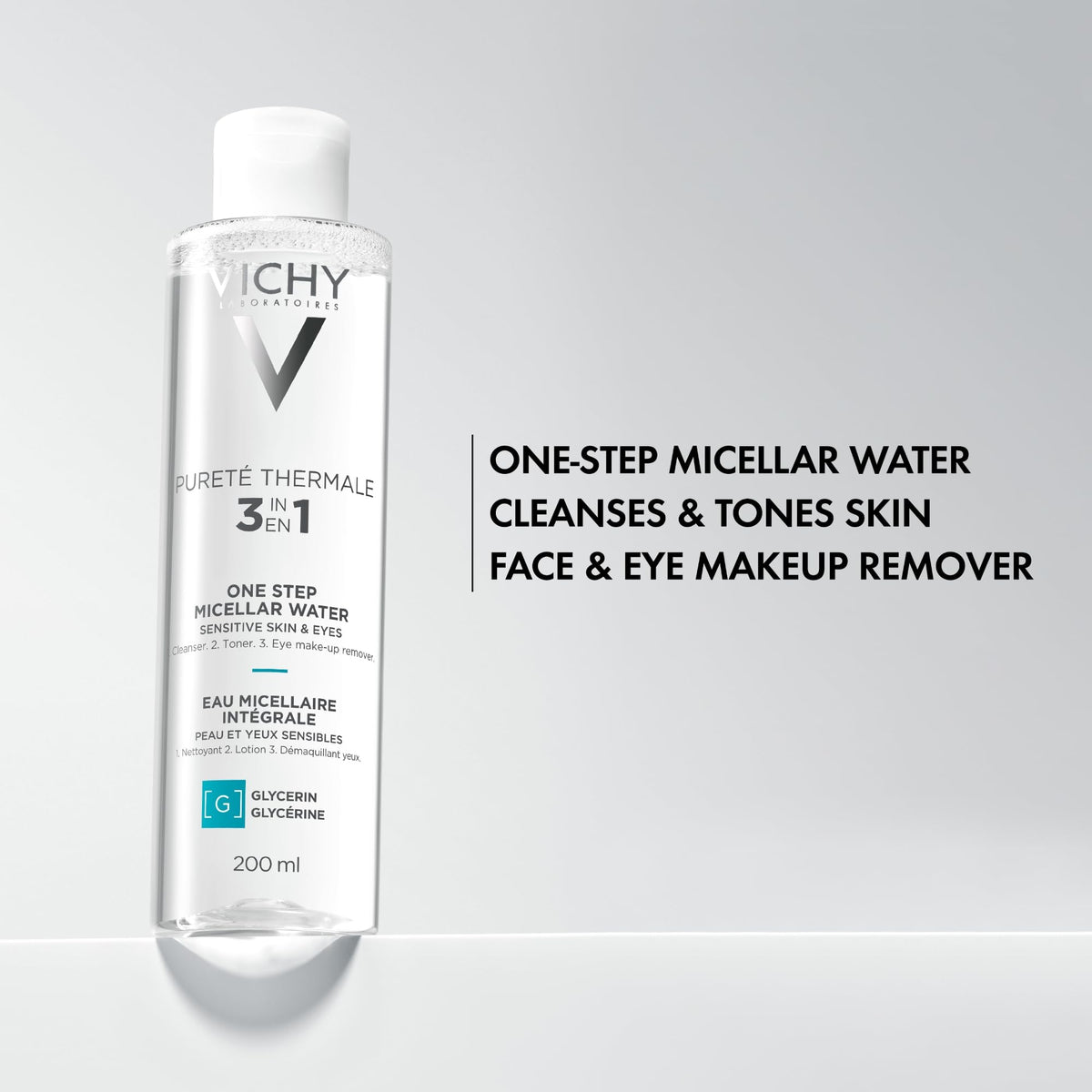 Vichy 3-in-1 micellar cleansing water packaging detailing Vitamin B5 ingredients