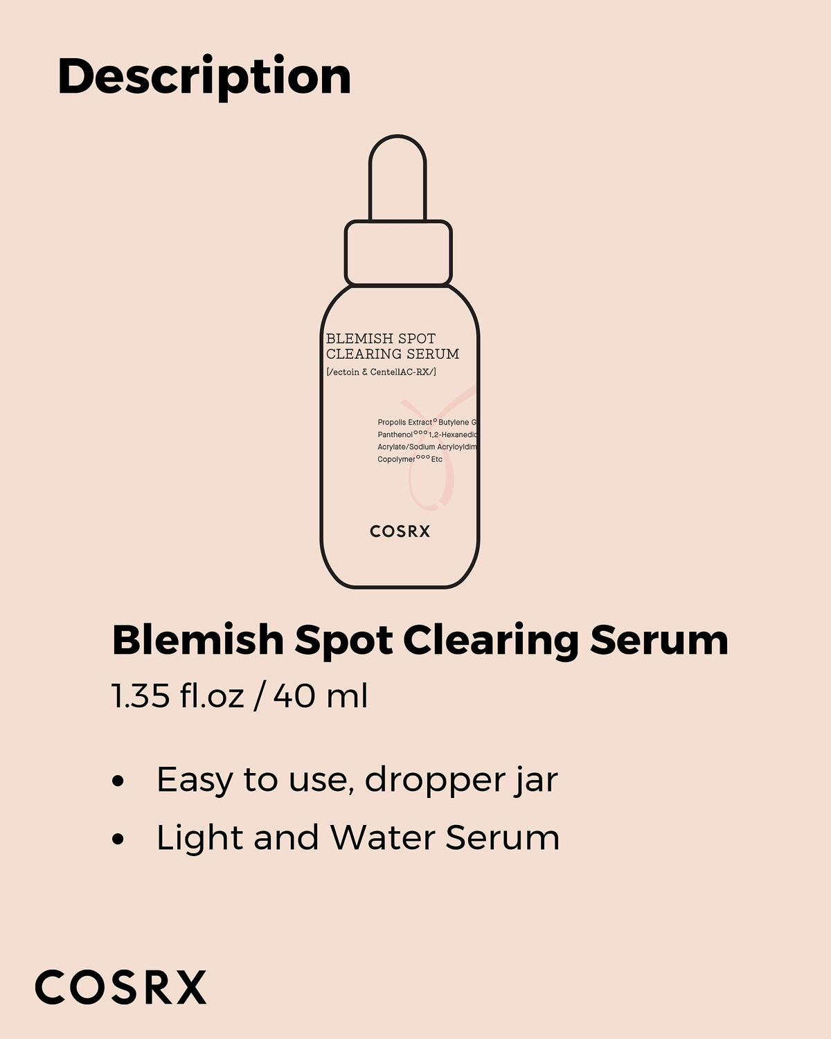 COSRX blemish clearing treatment product texture shot showing fast absorbing serum dropper.