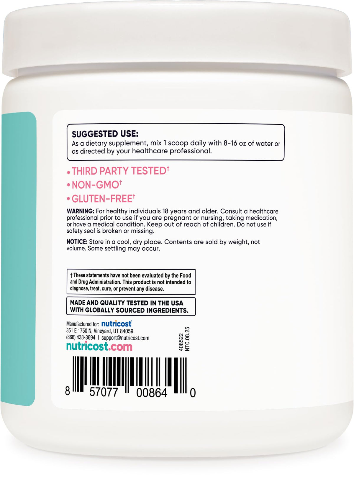 Nutricost BCAA for Women tub side view with ingredients