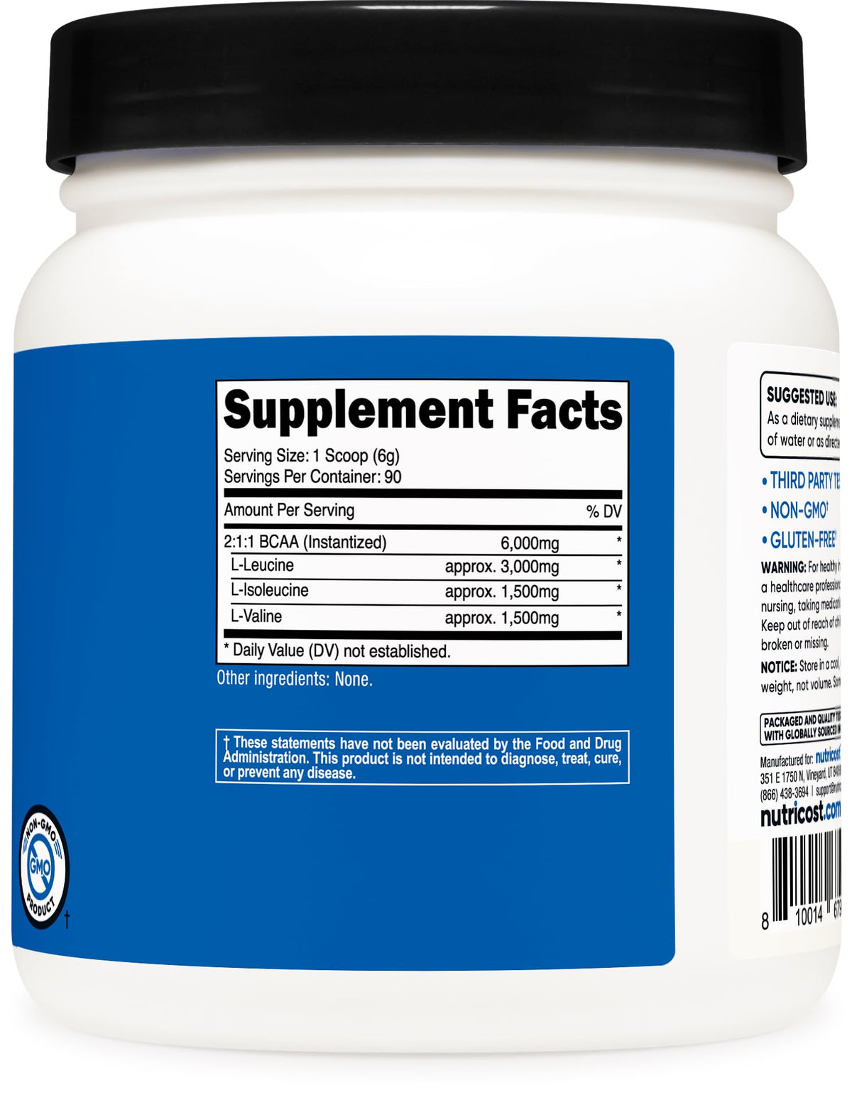 Nutricost BCAA 2:1:1 unflavored powder used for pre-workout and post-workout support