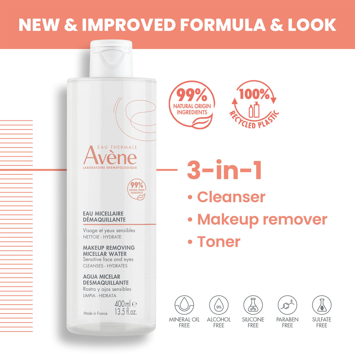 Avène 3-in-1 no-rinse micellar cleanser and toner bottle showing natural origin ingredients label