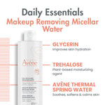 Clear liquid view of Avène sensitive skin micellar lotion showing fluid ounces and pump details