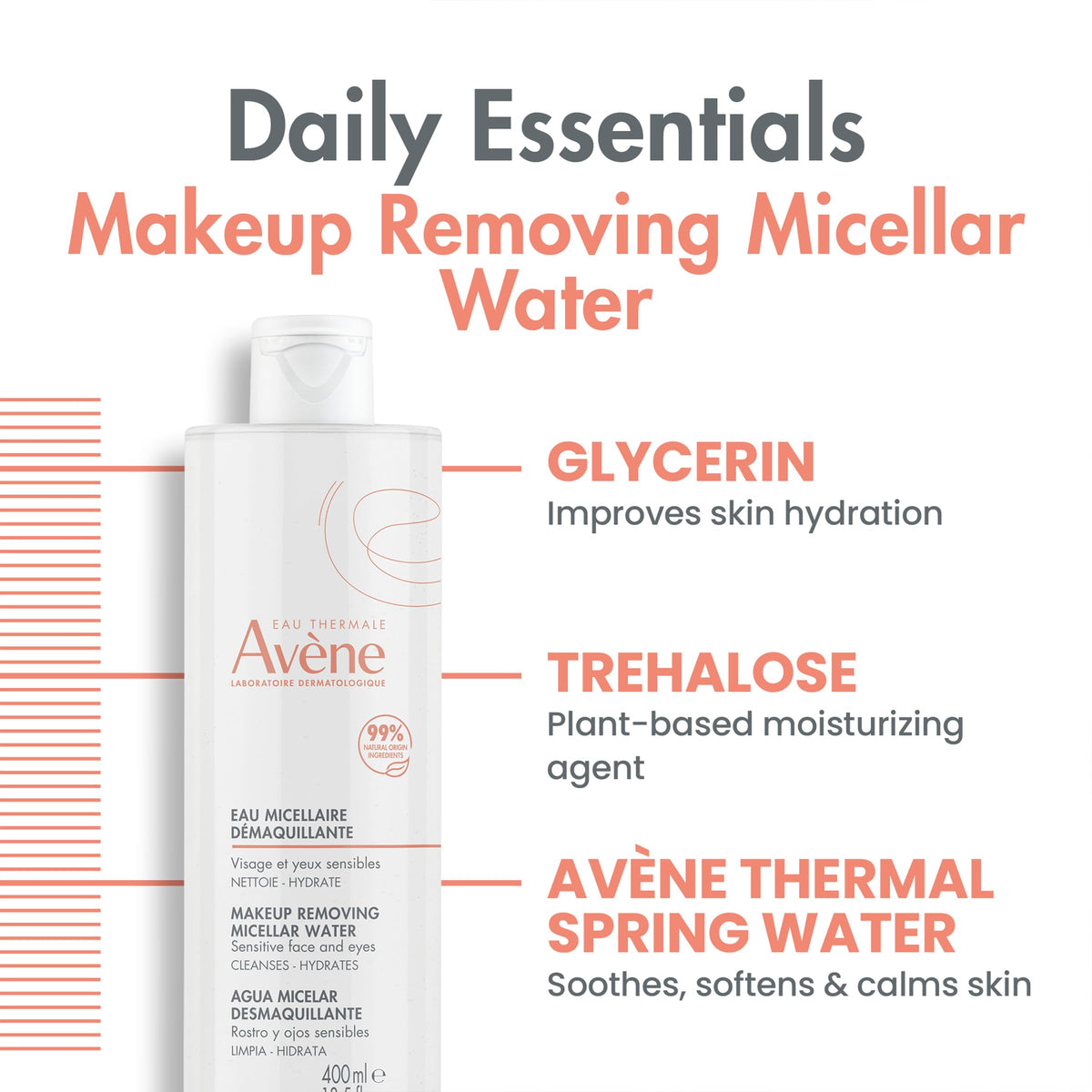 Clear liquid view of Avène sensitive skin micellar lotion showing fluid ounces and pump details