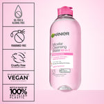 Vegan and cruelty free Garnier facial cleanser bottle setup in a bathroom