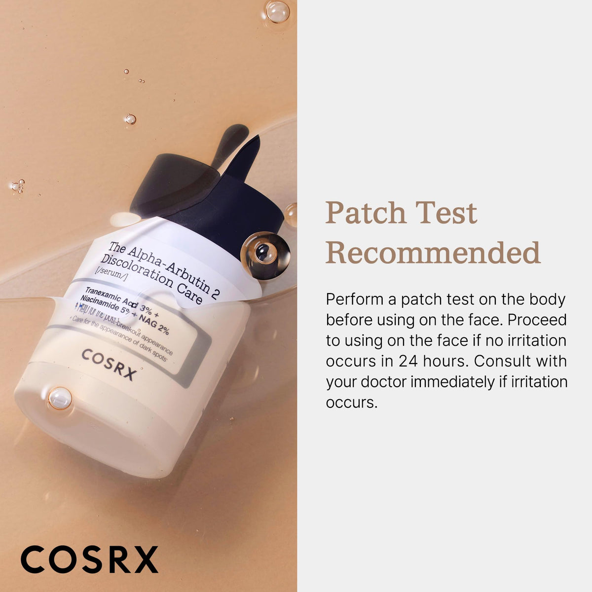 Imported COSRX 2 percent alpha arbutin face serum bottle next to its box