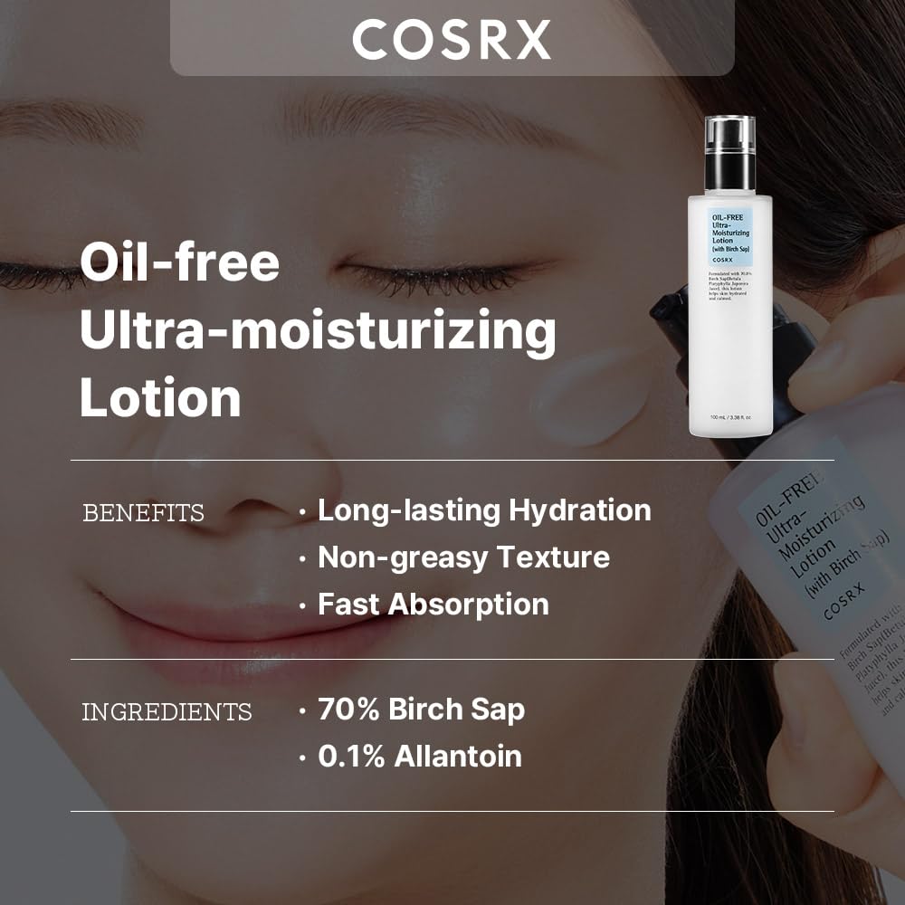 Cosrx oil free ultra moisturizing lotion with birch sap texture display showing lightweight consistency